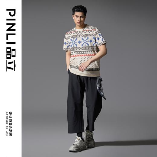 PINLI品立2025春夏新款复古费尔岛印花T恤男士宽松休闲短袖上衣潮B252111011 商品图1