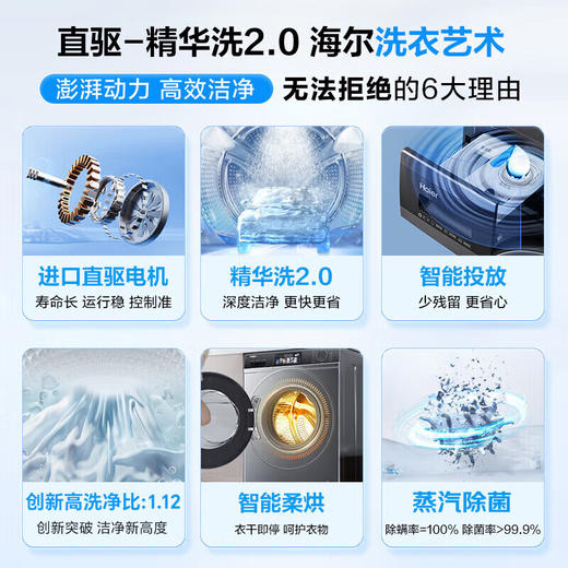 海尔（Haier）滚筒洗衣机全自动10公斤洗烘一体机直驱变频薄嵌入 云溪系列579LS洗烘一体【直驱精华洗2.0+1.12洗净比】 商品图2