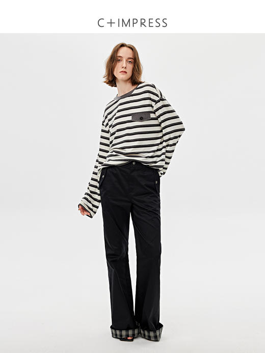 西嘉|天丝羊毛 肯豆风条纹长袖t恤女2025春季新款宽松圆领上衣T2501028 商品图2