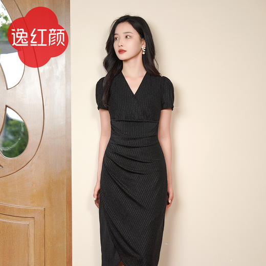 逸红颜纷飞2025年夏季新款显瘦V领长袖连衣裙女赫本性感修身女裙 商品图4