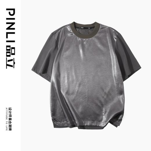 PINLI品立2025春夏新款潮牌宽松短袖T恤男士简约百搭拼料休闲上衣B252111003 商品图5