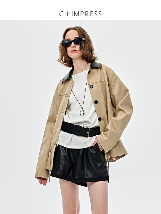 C+IMPRESS西嘉|天丝棉混纺复古巴恩风外套女皮领高端工装短款风衣WT2501007 商品图0