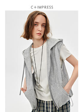 C+IMPRESS西嘉|长绒棉女士连帽马甲2025春季新款灰色宽松跌穿背心MJ2501039