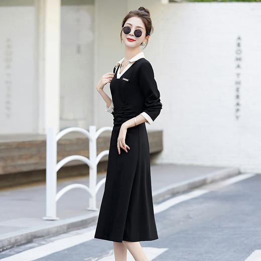 HR-YIXG8855拼色小众设计感衬衫POLO领收腰显高小黑裙2025新款收腰气质连衣裙 商品图3