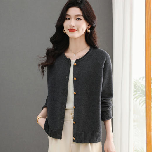 CC-5-6321春秋季新款大方气质简约纯色短款圆领针织开衫休闲宽松上衣 商品图1