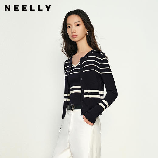 NEELLY纳俪商场同款春新款条纹针织吊带开衫两件套女舒适简约上衣N25022A01069 商品图0