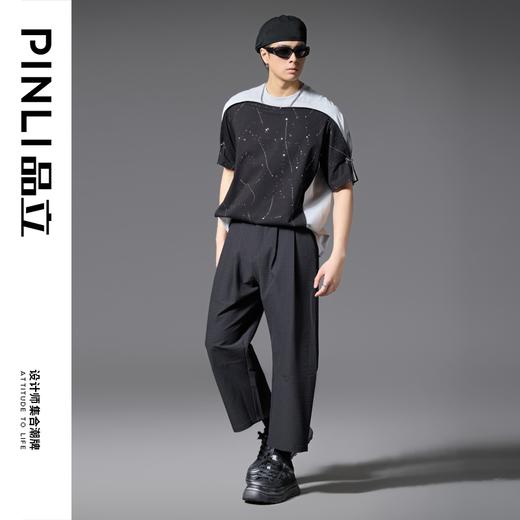 PINLI品立2025春夏新款男士宽松连肩袖拼料烫银圆领短袖T恤上衣潮B252111013 商品图1