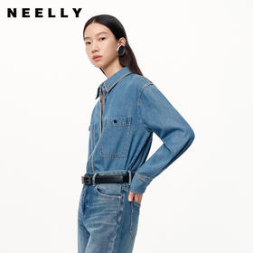 NEELLY纳俪商场同款春新款莱赛尔宽松长袖翻领牛仔衬衫女休闲衬衣N25024B04574