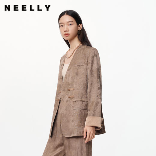 NEELLY纳俪商场同款春季新款暗纹印花新中式V领设计宽松外套女N25024W04563 商品图0