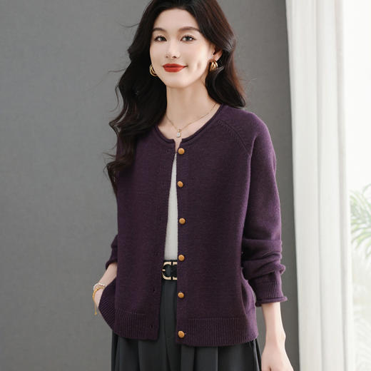 CC-5-6321春秋季新款大方气质简约纯色短款圆领针织开衫休闲宽松上衣 商品图3