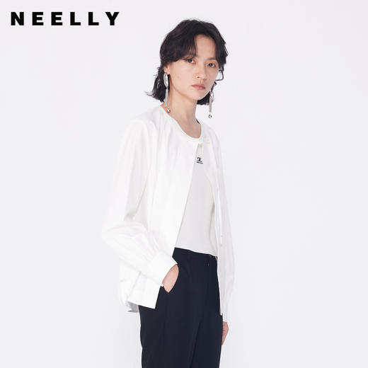 NEELLY纳俪商场同款春季新款纯棉长袖衬衫女设计感白色圆领衬衣N25024B04585 商品图0