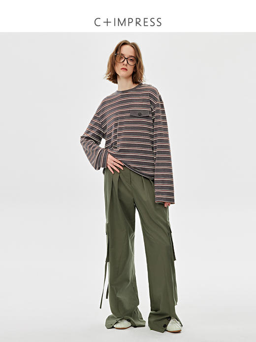 西嘉|天丝羊毛 肯豆风条纹长袖t恤女2025春季新款宽松圆领上衣T2501028 商品图3