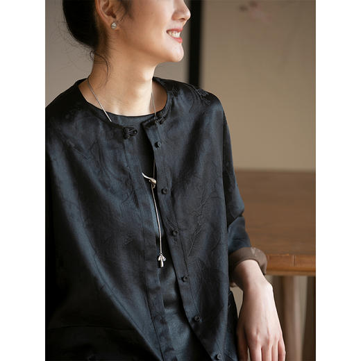 牧衣游原创 重磅26姆米提花香云纱短外套黑色新中式开衫 烟雨城 商品图3