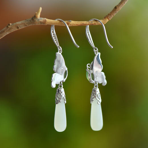 【带证书❗️新中式和田玉耳饰】宫廷风冷珐琅蝴蝶925银镶嵌玉石耳环耳坠情人节礼物女神节 商品图2