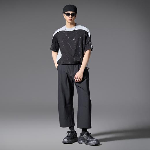 PINLI品立2025春夏新款男士宽松连肩袖拼料烫银圆领短袖T恤上衣潮B252111013 商品图3