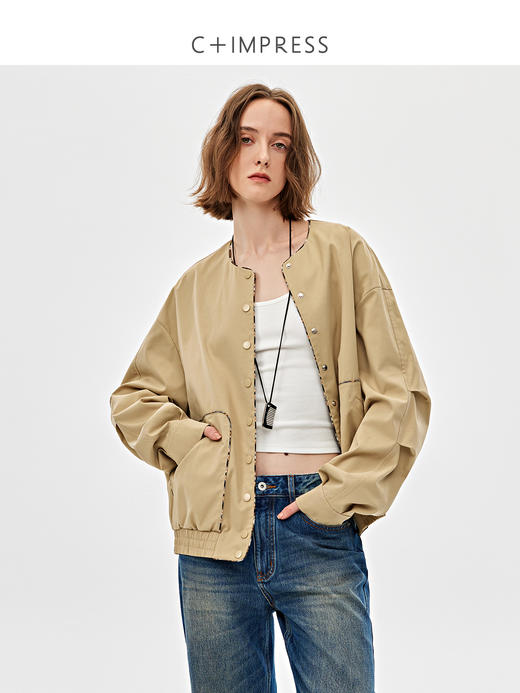 西嘉棉麻混纺重工格纹饰边休闲飞行夹克短款外套女春秋单排扣上衣WT2501012 商品图1