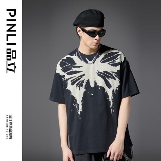 PINLI品立2025春夏新款男蝴蝶印花圆领休闲短袖T恤上衣B252111010 商品图4