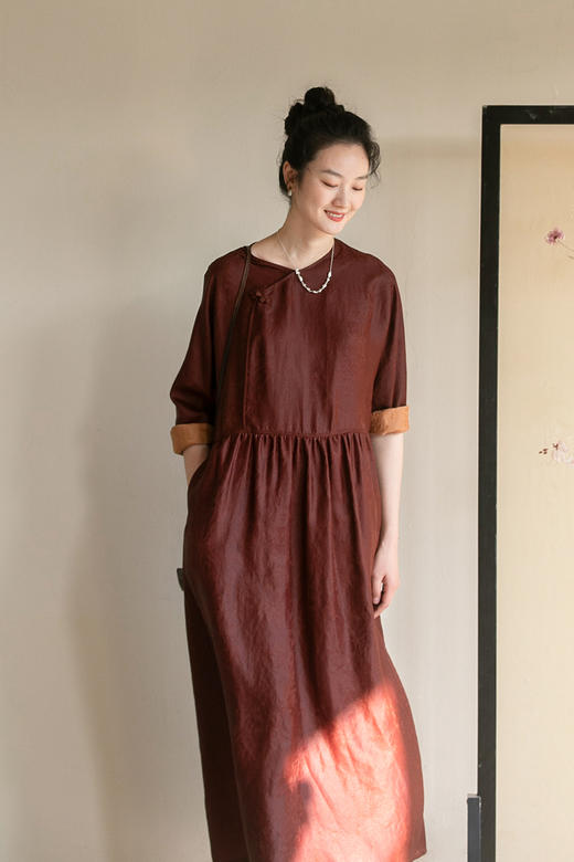 牧衣游原创 26姆米提花香云纱连衣裙新款宽松复古东方长裙 晚莺 商品图5