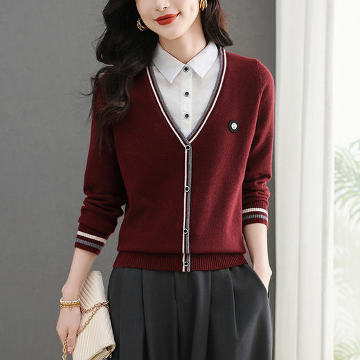 CC-5-6330春季时尚洋气衬衫领假两件针织打衫上衣女文艺范拼色内搭毛衣 商品图1