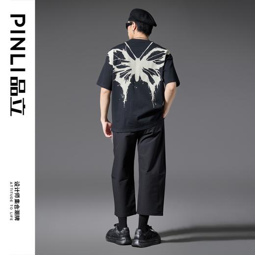 PINLI品立2025春夏新款男蝴蝶印花圆领休闲短袖T恤上衣B252111010 商品图1