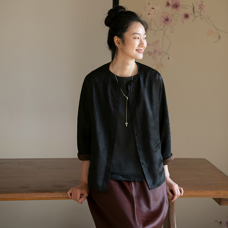 牧衣游原创 重磅26姆米提花香云纱短外套黑色新中式开衫 烟雨城