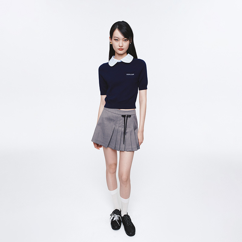 HERLIAN 2025年春季新品可拆卸蝴蝶结装饰不规则百褶短裙