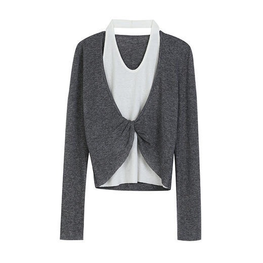 NEELLY纳俪商场同款春新款设计感假两件针织衫女高级显瘦挂脖上衣N25022A01065 商品图3