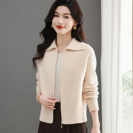 CC-5-6317纯色拉链翻领优雅气质温柔短款针织开衫2025年春秋季新款外套上衣 商品图2