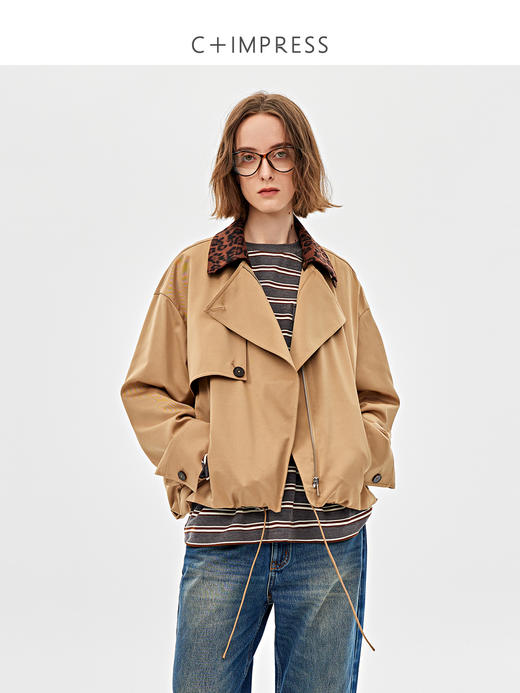 C+IMPRESS西嘉|醋酸羊毛复古巴恩风可脱卸豹纹领子两穿夹克外套女WT2501020 商品图1