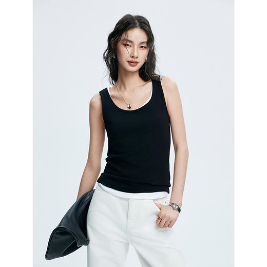 棉仓362603002-初棉实用美学黑白假两件撞色背心基础多色打底背心修身显瘦 商品图1