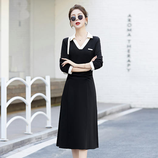 HR-YIXG8855拼色小众设计感衬衫POLO领收腰显高小黑裙2025新款收腰气质连衣裙 商品图0