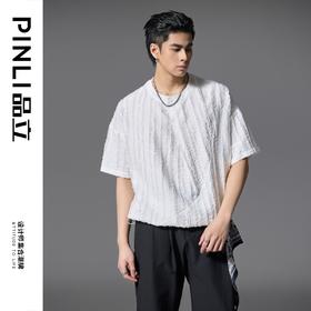 PINLI品立2025春夏新款男士可开扣剪花面料圆领宽松短袖T恤上衣潮B252111005