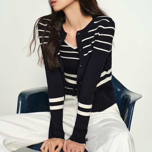 NEELLY纳俪商场同款春新款条纹针织吊带开衫两件套女舒适简约上衣N25022A01069 商品图2