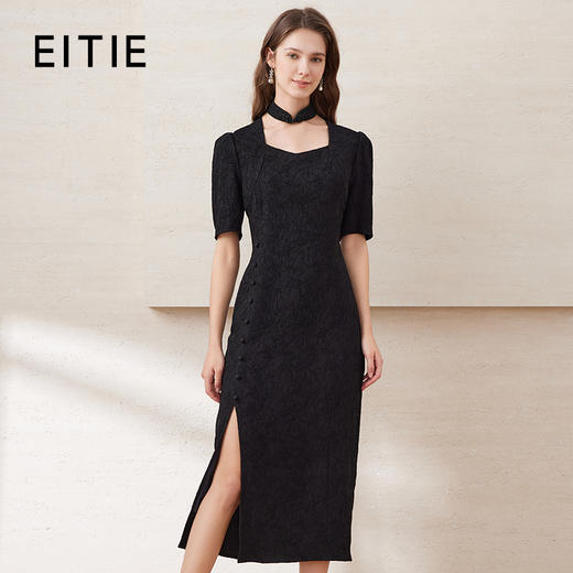EITIE爱特爱春季新款时尚通勤改良旗袍开叉显瘦纯色连衣裙7707403 商品图0
