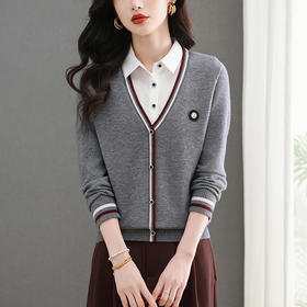 CC-5-6330春季时尚洋气衬衫领假两件针织打衫上衣女文艺范拼色内搭毛衣