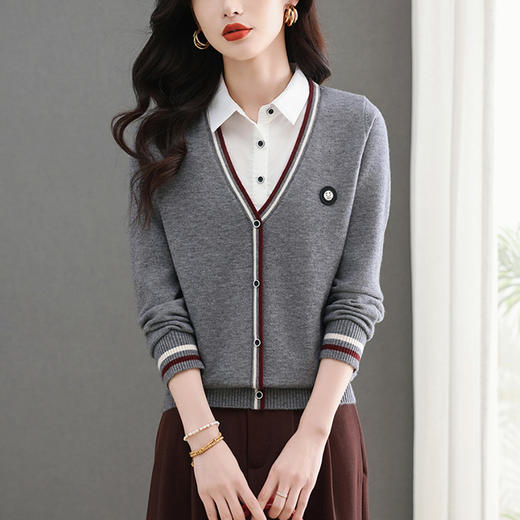 CC-5-6330春季时尚洋气衬衫领假两件针织打衫上衣女文艺范拼色内搭毛衣 商品图0