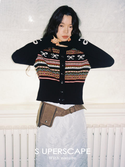 SUPERSCAPE素舶澳洲美利奴羊毛蝴蝶结撞色费尔岛条纹短款针织开衫 商品图0