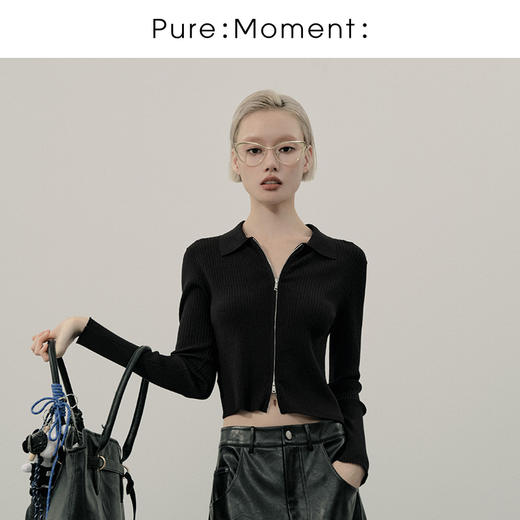 【商场同款】麦檬春秋双拉链翻领修身短款开衫4F8335311Q 商品图0