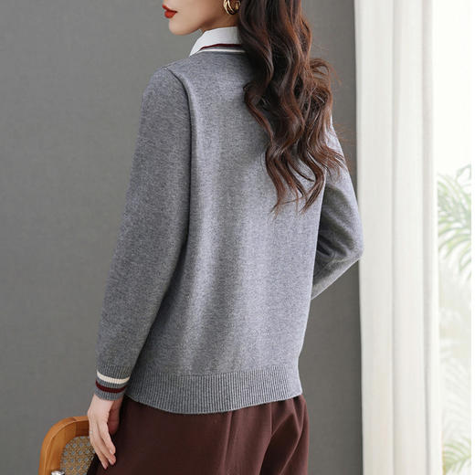 CC-5-6330春季时尚洋气衬衫领假两件针织打衫上衣女文艺范拼色内搭毛衣 商品图3