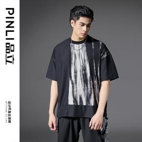 PINLI品立2025春夏新款水墨印花拼接短袖T恤男士国潮宽松休闲上衣B252111012