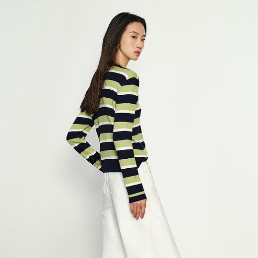 NEELLY纳俪商场同款春季新款显白绿色条纹针织衫女高级感穿搭上衣N25022A01071 商品图1