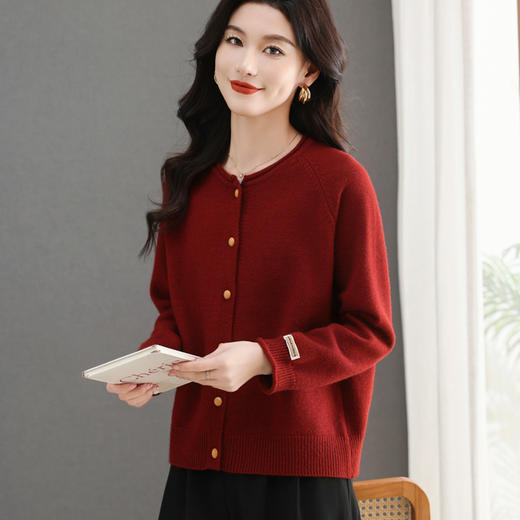 CC-5-6321春秋季新款大方气质简约纯色短款圆领针织开衫休闲宽松上衣 商品图2