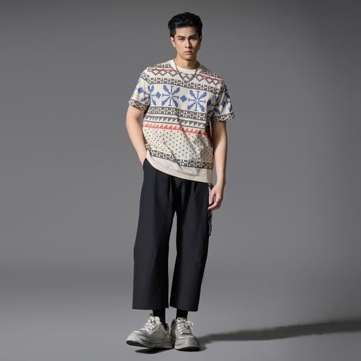 PINLI品立2025春夏新款复古费尔岛印花T恤男士宽松休闲短袖上衣潮B252111011 商品图4