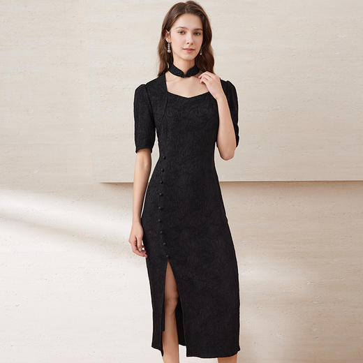 EITIE爱特爱春季新款时尚通勤改良旗袍开叉显瘦纯色连衣裙7707403 商品图2
