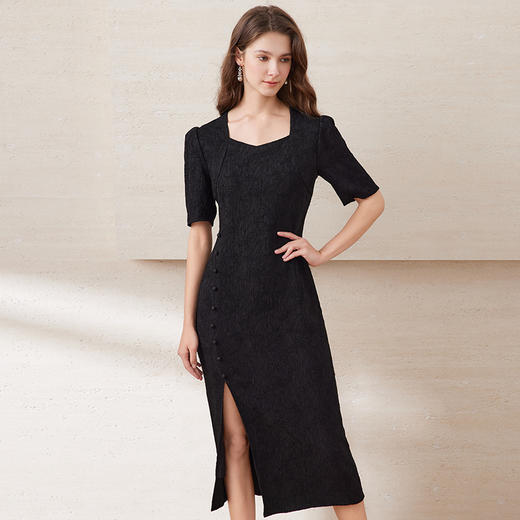 EITIE爱特爱春季新款时尚通勤改良旗袍开叉显瘦纯色连衣裙7707403 商品图4