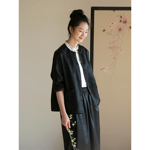 牧衣游原创 重磅26姆米提花香云纱短外套黑色新中式开衫 烟雨城 商品图1