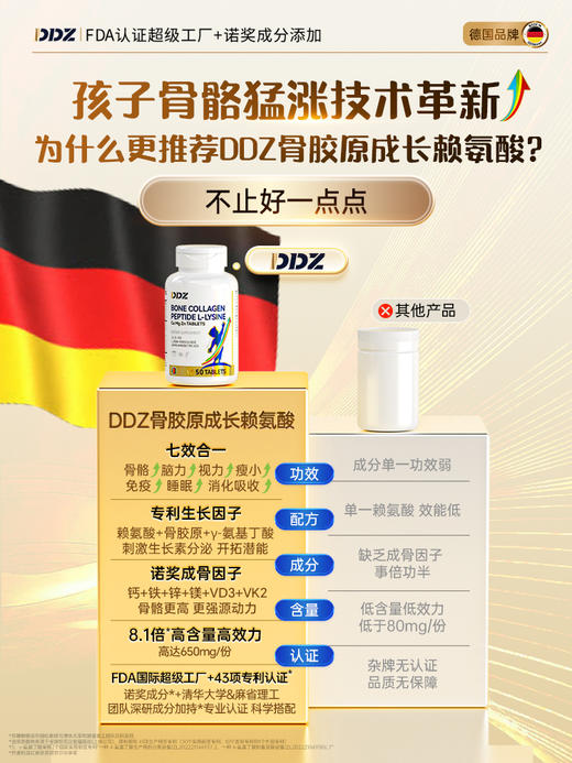 DDZ专利骨胶原赖氨酸青少年儿童氨基丁酸维生素钙铁锌海外旗舰店A 商品图2