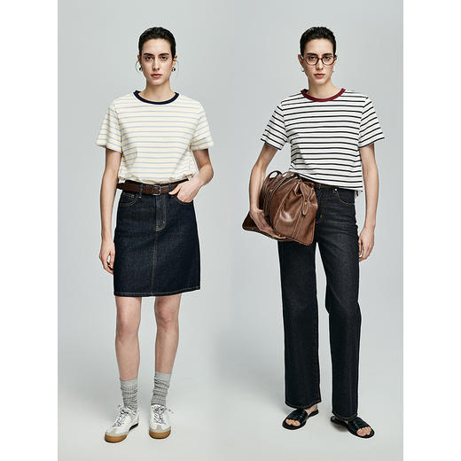 棉仓362601019-初棉法式撞色领口经典条纹新疆棉微宽松T 商品图3