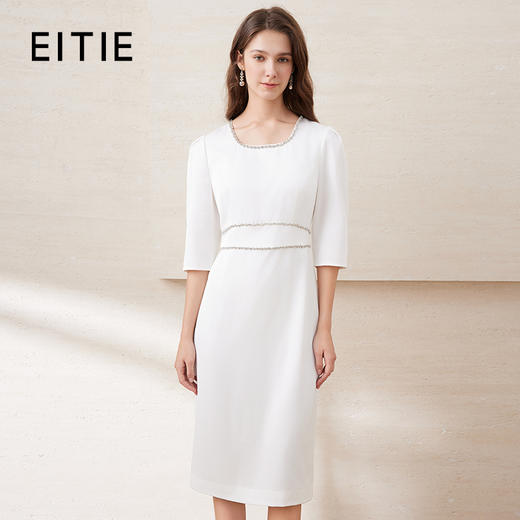 EITIE爱特爱春季新款方领气质优雅钉珠收腰显瘦礼服连衣裙7777413 商品图0