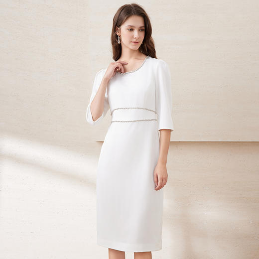 EITIE爱特爱春季新款方领气质优雅钉珠收腰显瘦礼服连衣裙7777413 商品图3
